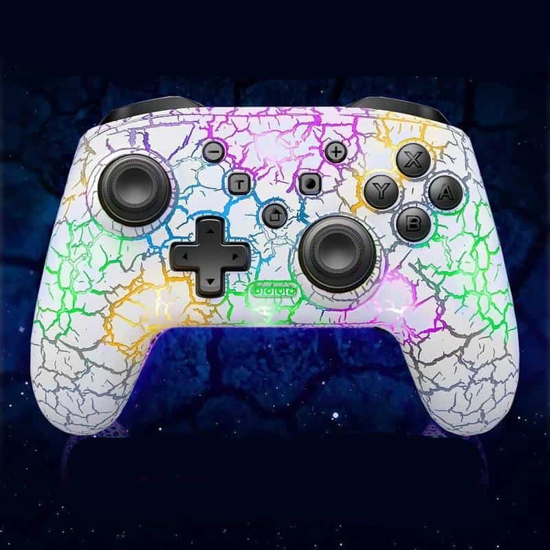 Lightweight gaming controller with vibrant, crackled rainbow design for enhanced gaming experience.
