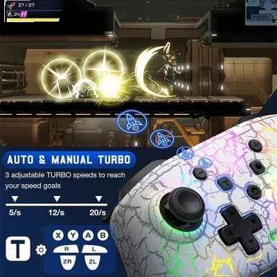 Shooting action scene from a sci-fi video game with a character firing at targets in a futuristic environment, featuring a gaming controller with colorful lightning patterns and turbo speed options for enhanced gameplay.