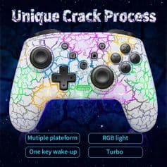 RGB-lit gaming controller with cracked pattern design, featuring multiple platform compatibility, one-key wake-up, turbo function, and vibrant multicolor lighting for enhanced gaming experiences.
