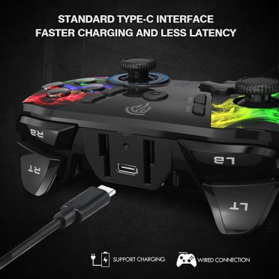 Rapid Type-C gaming controller with professional ergonomic design, supports fast charging, wired connection, and compatible with various gaming devices for enhanced gameplay.