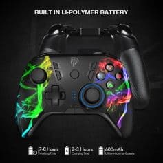 RGB gaming controller with built-in lithium-polymer battery, colorful smoke design, ergonomic grip, and features for extended gameplay, fast charging, and long-lasting power.