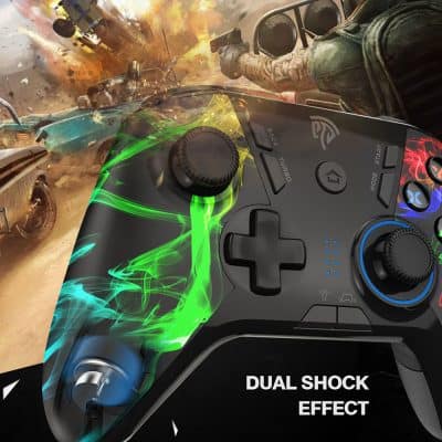 Vibrant gaming controller with dual shock effect designed for immersive gaming experiences, featured against an action-packed scene from a racing or combat video game.