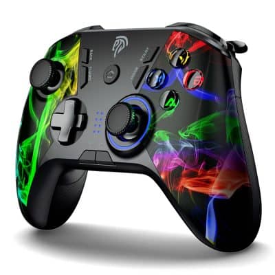 RGB gaming controller with neon smoke design, ergonomic grip, and multiple buttons, ideal for professional and casual gamers seeking precision and style.