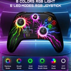 RGB gaming controller with 8 color modes and 6 LED lighting patterns, illuminated with vibrant neon effects. Perfect for enhancing gaming experiences with customizable RGB lighting features.