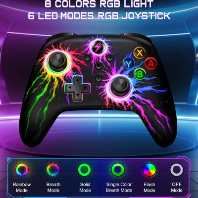RGB gaming controller with 8 color modes and 6 LED lighting patterns, illuminated with vibrant neon effects. Perfect for enhancing gaming experiences with customizable RGB lighting features.