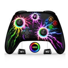 RGB gaming controller with neon lightning design, customizable lighting, and ergonomic buttons for enhanced gaming experience. Perfect for eSports and casual gamers.