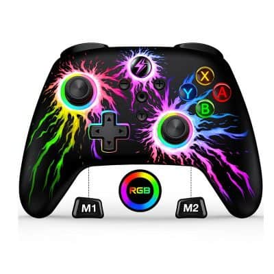 RGB gaming controller with neon lightning design, customizable lighting, and ergonomic buttons for enhanced gaming experience. Perfect for eSports and casual gamers.