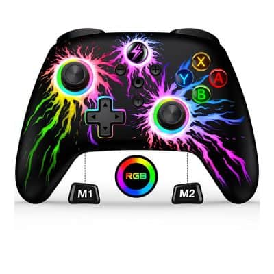 Colorful RGB gaming controller with dynamic lightning effects, optimized for gaming enthusiasts. Compatible with various consoles, offering enhanced gameplay experience.