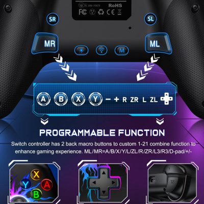 Foldup gaming controller with customizable programmable buttons and ergonomic design for gaming enthusiasts. Features Bluetooth connectivity, back macro buttons, and vivid LED accents for enhanced gameplay experience.