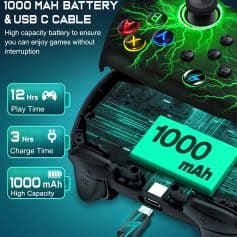 High-capacity 1000mAh battery and USB C charging cable for gaming devices, providing 12 hours of playtime and 3 hours of charging time for uninterrupted gaming experience.
