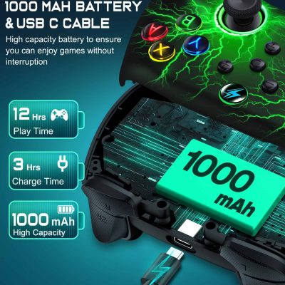 High-capacity 1000mAh battery and USB C charging cable for gaming devices, providing 12 hours of playtime and 3 hours of charging time for uninterrupted gaming experience.