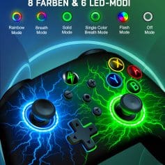 Blue and green gaming controller with lightning effects and colorful button icons, featuring LED mode indicators for vibrant gaming experience.