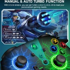 Laser gaming controller with RGB lighting and turbo function for customizable gameplay.
