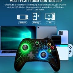 Gaming controller with colorful lightning design and various electronic devices in background.