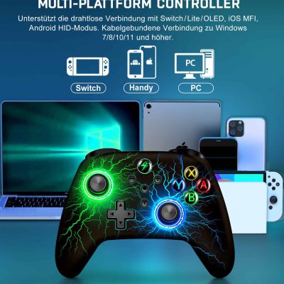 Gaming controller with colorful lightning design and various electronic devices in background.