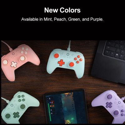 Colorful gaming controllers for consoles and tablets, available in mint, peach, green, and purple, perfect for gaming enthusiasts.
