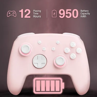 Rechargeable pink gaming controller with long-lasting battery life for optimal play sessions.