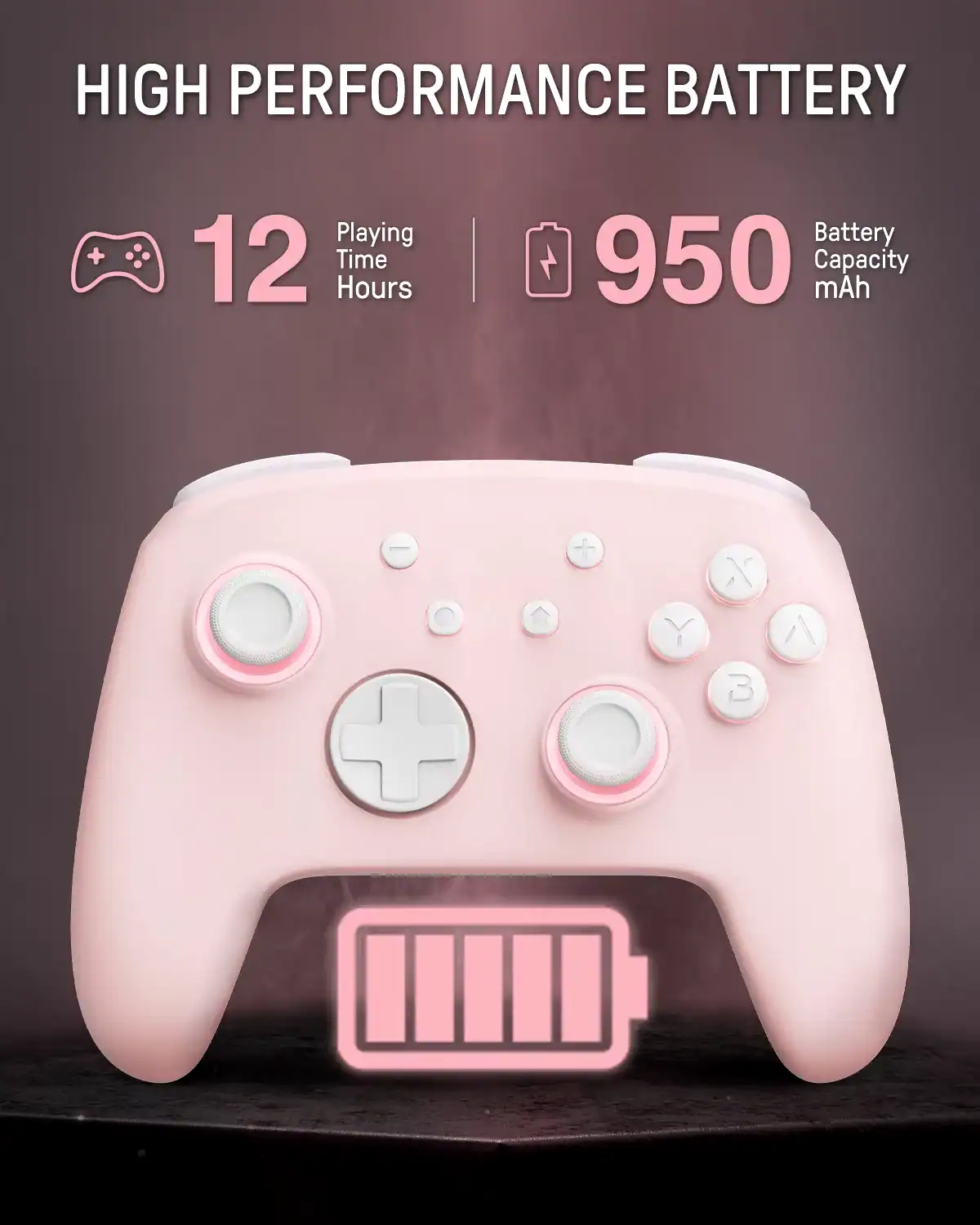 Rechargeable pink gaming controller with long-lasting battery life for optimal play sessions.