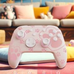 7-color breathing LED gaming controller in pastel pink with paw print design, ideal for kids and teens | Monalisa Store.