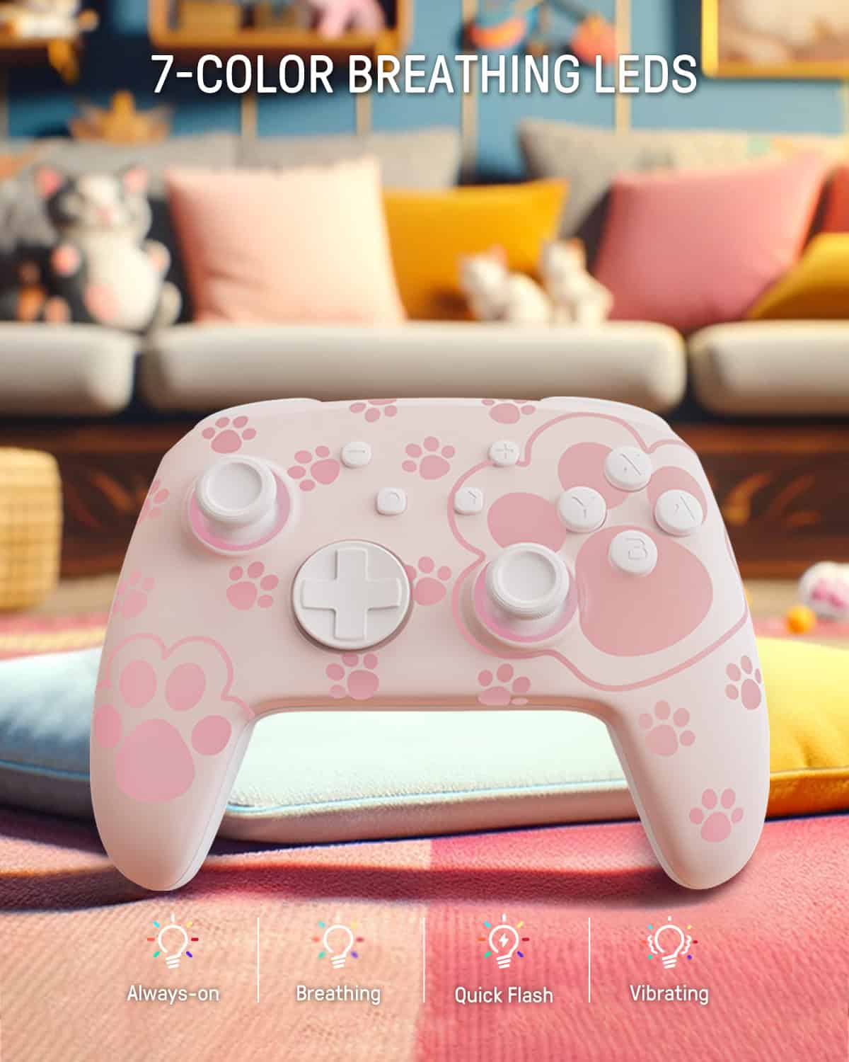 7-color breathing LED gaming controller in pastel pink with paw print design, ideal for kids and teens | Monalisa Store.