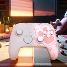 Pink gaming controller with floral design and LED-lit display, perfect for gaming enthusiasts, showcased in a cozy, lit ambiance.