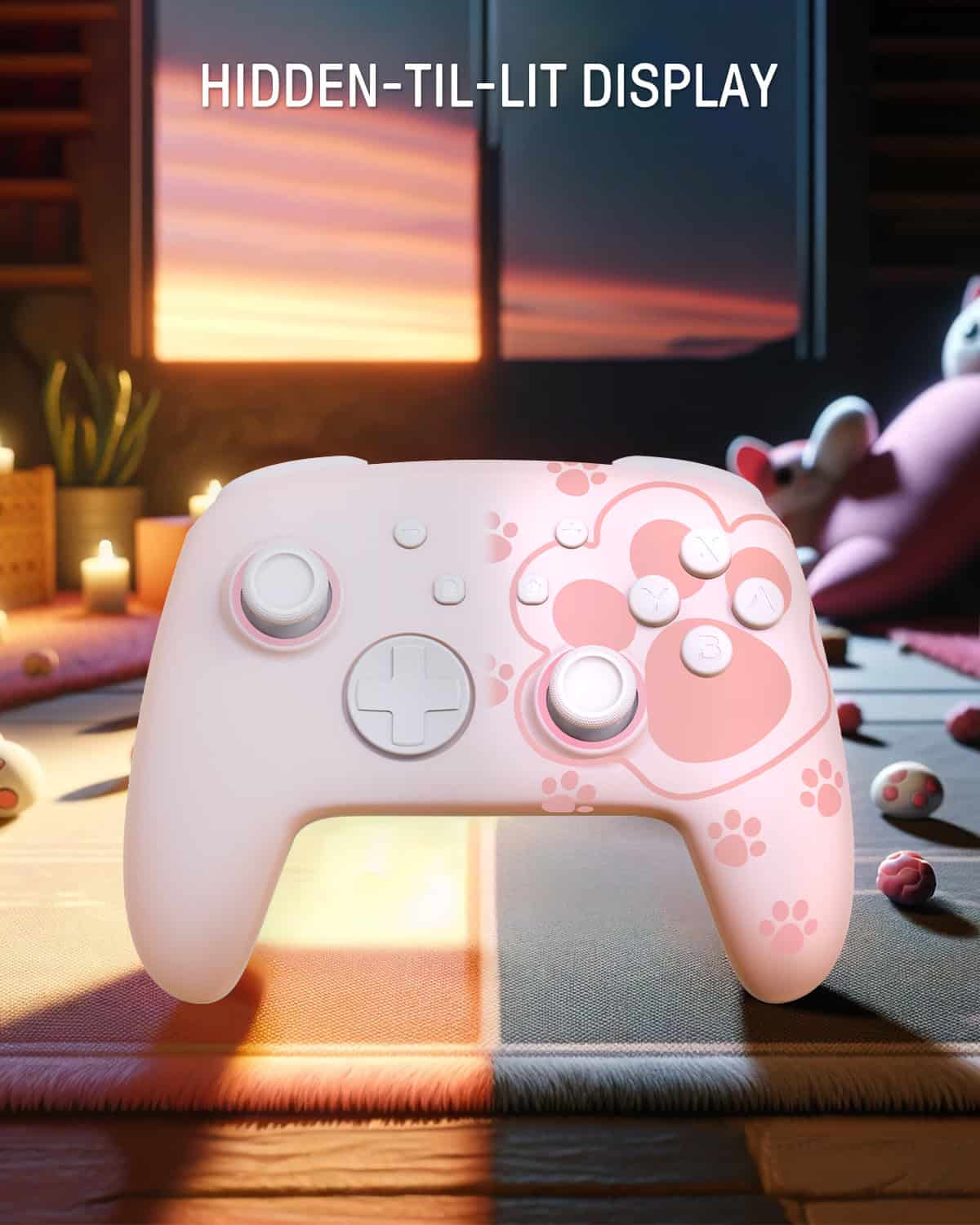 Pink gaming controller with floral design and LED-lit display, perfect for gaming enthusiasts, showcased in a cozy, lit ambiance.