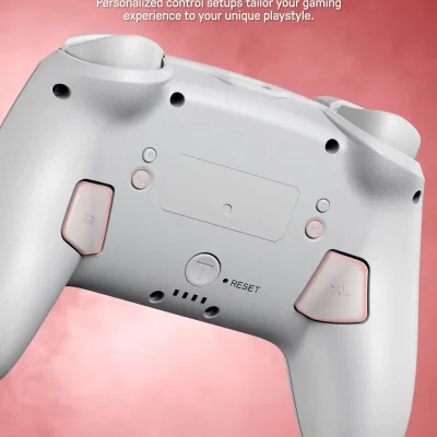 Touchscreen gaming controller with back buttons and ergonomic grip, ideal for customizable gaming experience.