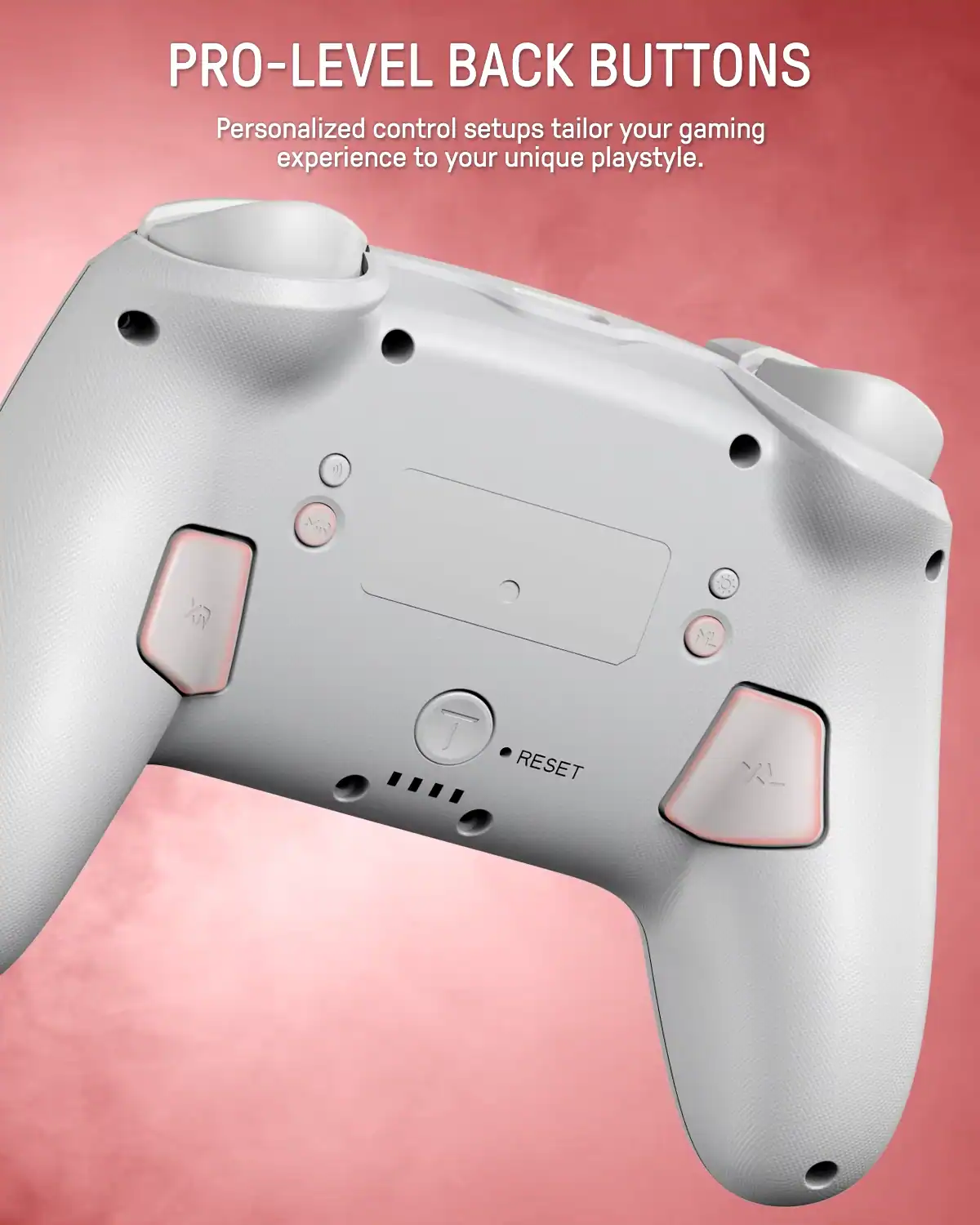 Touchscreen gaming controller with back buttons and ergonomic grip, ideal for customizable gaming experience.