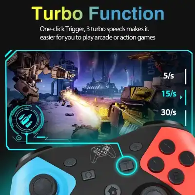 Gaming controller for arcade and action games with turbo function, high-speed trigger settings, and immersive space battle visuals at Monalisa Medical Store alt text.