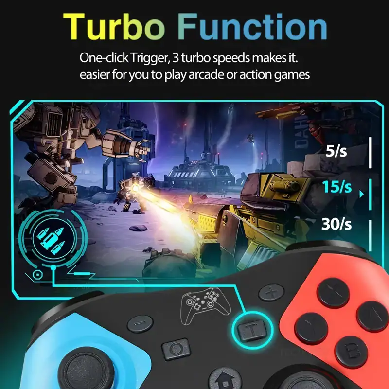 Gaming controller for arcade and action games with turbo function, high-speed trigger settings, and immersive space battle visuals at Monalisa Medical Store alt text.