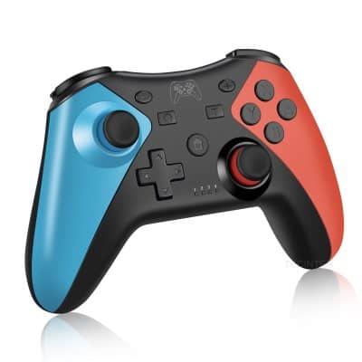 Vibrant blue and red gaming controller with ergonomic design, perfect for console gaming and e-sports enthusiasts. Features responsive buttons, dual analog sticks, and customizable controls for immersive gameplay.