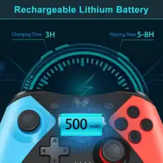 Rechargeable lithium battery displayed with 500mAh capacity, fast 3-hour charging, long 5-8 hour gaming time, ideal for portable gaming controllers and electronic devices.