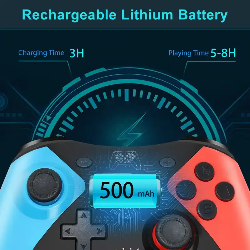 Rechargeable lithium battery displayed with 500mAh capacity, fast 3-hour charging, long 5-8 hour gaming time, ideal for portable gaming controllers and electronic devices.