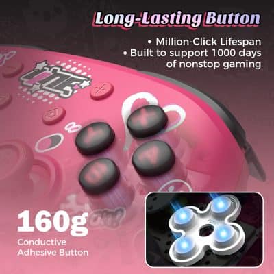 Long-lasting pink adhesive gaming button with 160g conductivity, designed for durable, non-stop gaming sessions, supported by Monalisa Store for gaming accessories.