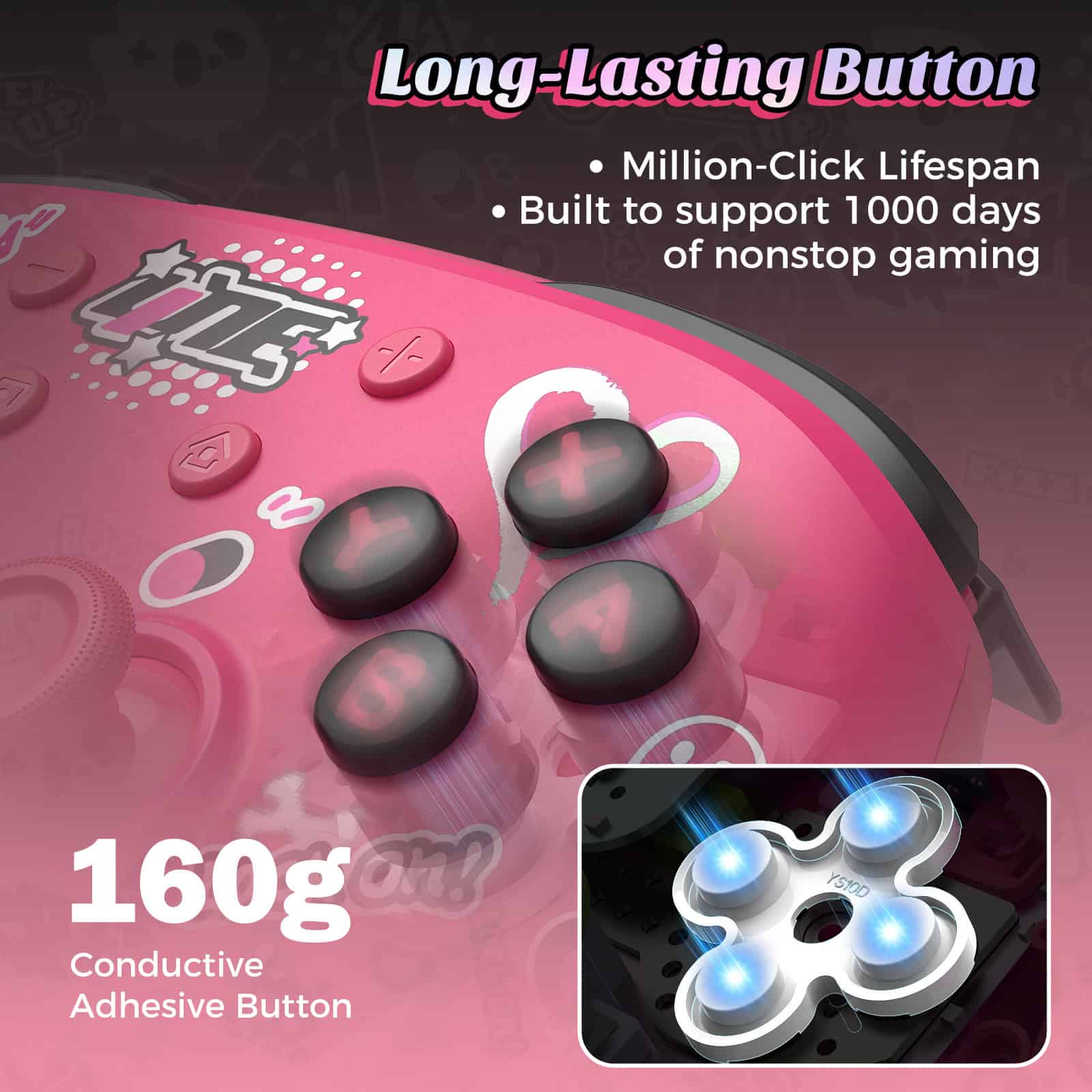 Long-lasting pink adhesive gaming button with 160g conductivity, designed for durable, non-stop gaming sessions, supported by Monalisa Store for gaming accessories.