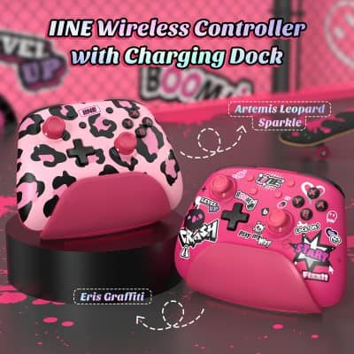 IINE Wireless Controller with Charging Dock in pink leopard print, gaming controller for kids and teens, stylish and fun gaming accessories from Monalisa Store.