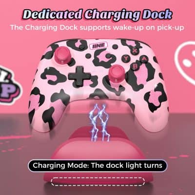 Pink and black cow print gaming controller on pink charging dock with lightning effect, designed for stylish and functional charging station, perfect for gamers and tech enthusiasts.