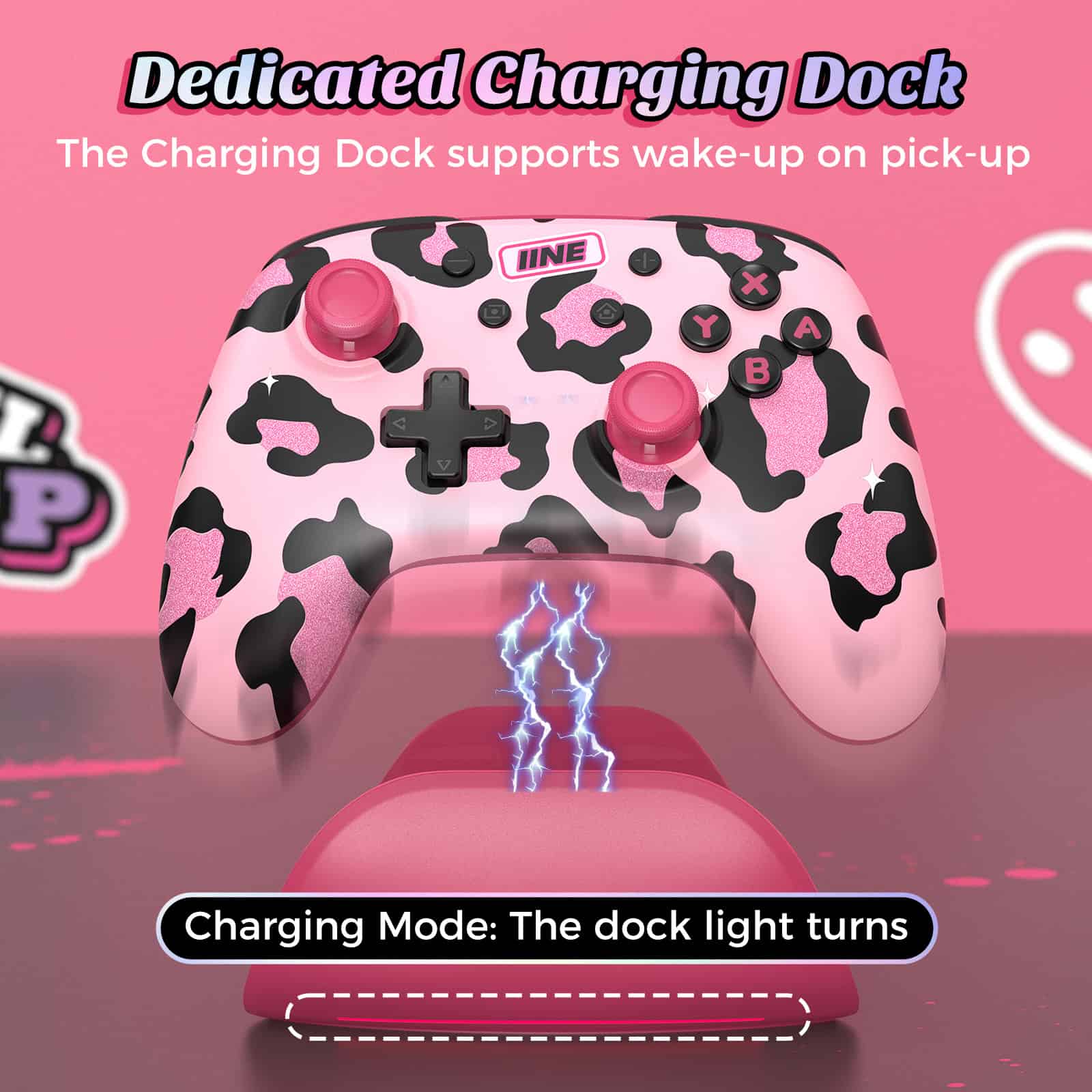 Pink and black cow print gaming controller on pink charging dock with lightning effect, designed for stylish and functional charging station, perfect for gamers and tech enthusiasts.