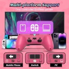 Multi-platform gaming controller compatible with mobile phone, switch, and PC for endless gaming support, vibrant pink design, ideal for gaming enthusiasts, Monalisa Store gaming accessories.