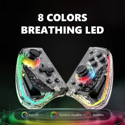 Breathing LED game controller with colorful lights, transparent design, customizable RGB options, ergonomic buttons, perfect for gaming enthusiasts.