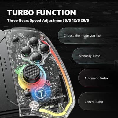 High-tech game controller with turbo function, customizable speed modes, and ergonomic design for enhanced gaming experience. Perfect for professional and casual gamers seeking precision and performance.