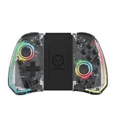 LED illuminated gaming controller with transparent housing for custom lighting effects and advanced gaming features.