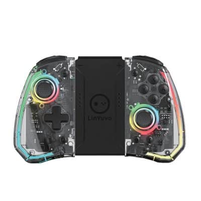 LED illuminated gaming controller with transparent housing for custom lighting effects and advanced gaming features.