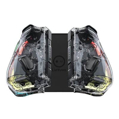 High-tech gaming controllers with transparent shells showcasing internal circuitry and colorful accents, ideal for gaming enthusiasts and optical equipment lovers.