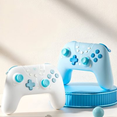 Modern gaming controllers in blue and white, designed for enhanced user experience and precision, featured on the Monalisa Store website, ideal for gaming enthusiasts.