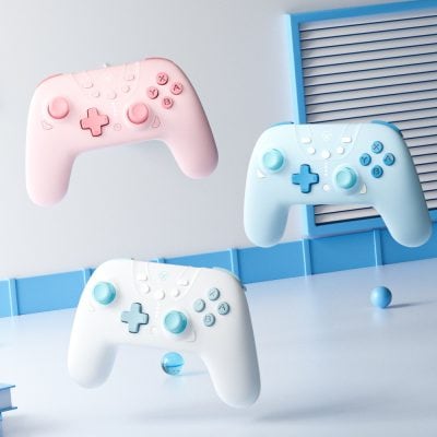 Pink, blue, and white gaming controllers floating in a modern aesthetic setting, highlighting gaming accessories at Monalisa Store. Perfect for gaming enthusiasts seeking quality game controllers.