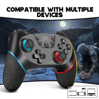 Wireless gaming controller compatible with multiple devices including PC, Mac, iOS, Android, and Nintendo Switch, enhancing gaming experience with ergonomic design and responsive buttons.