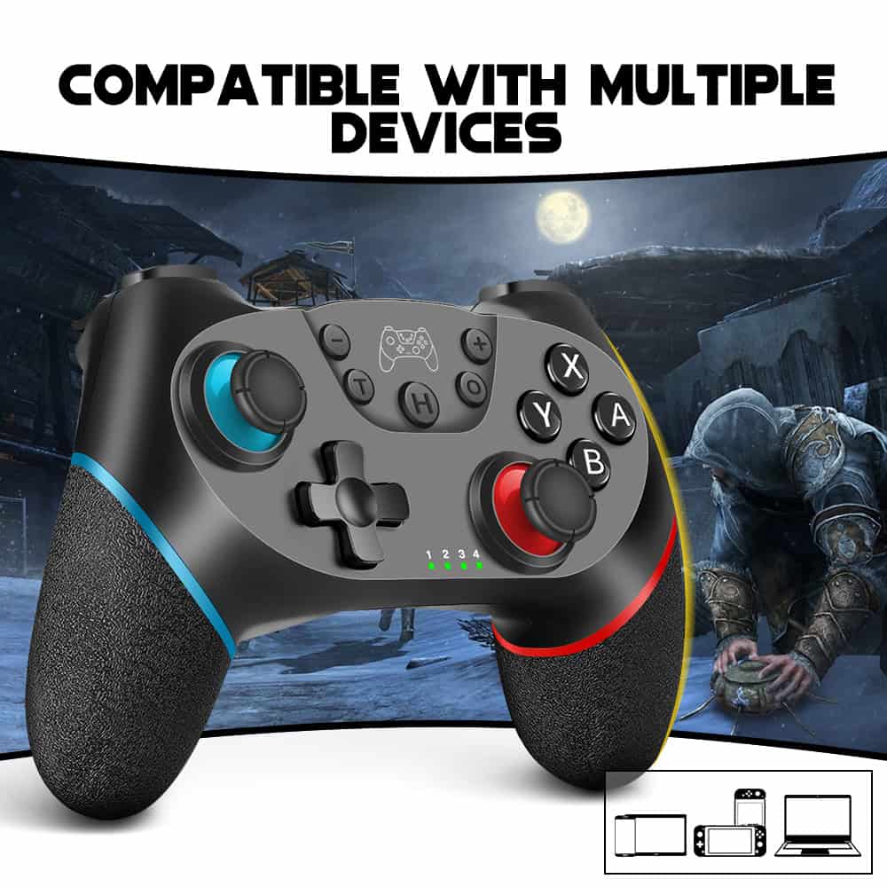 Wireless gaming controller compatible with multiple devices including PC, Mac, iOS, Android, and Nintendo Switch, enhancing gaming experience with ergonomic design and responsive buttons.