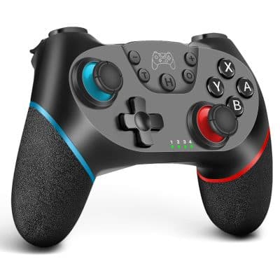 Wireless gaming controller with textured grips, programmable buttons, and colorful accents, ideal for PS4 or PC gaming setups.