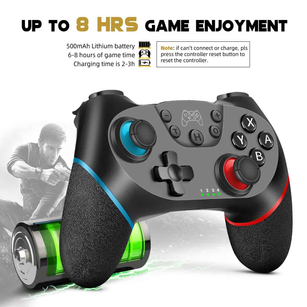 Wireless gaming controller with blue and red accents for PlayStation or PC gaming, ergonomic design, and illuminated buttons for enhanced gaming experience.